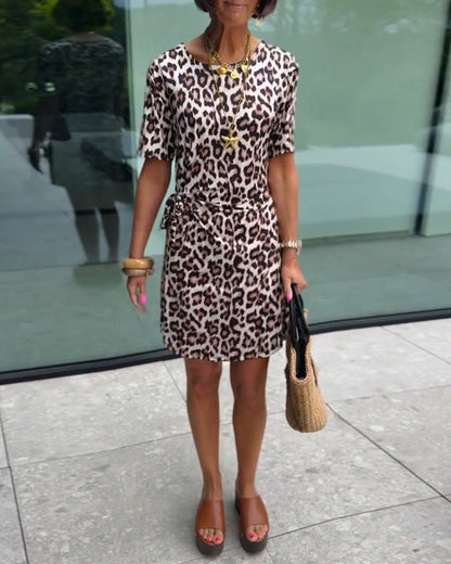 Kleid Rundhals Leopardenmuster Kurzarm