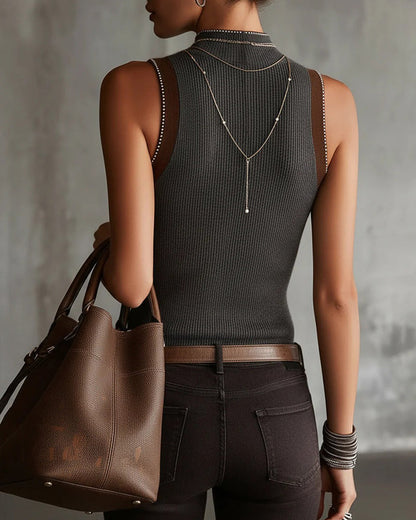 Tanktop Halber Turtleneck Ärmellos Gestrickt
