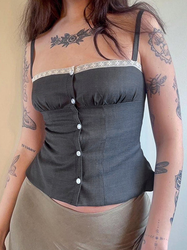 Graues Y2k Spitze Spitzenreihe Mit Knöpfen Cami Top