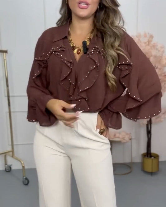 Bluse stylisch V-Ausschnitt gerüscht Perle