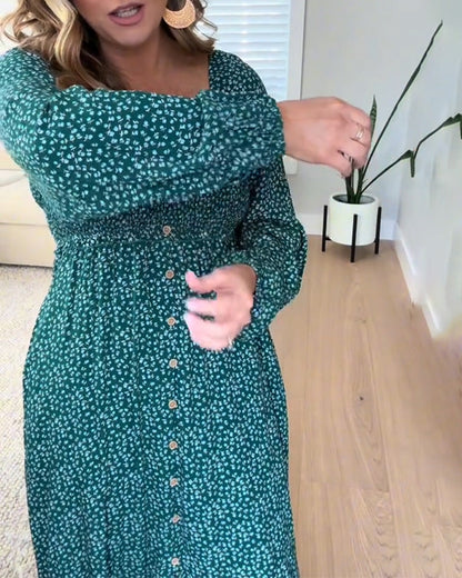 Kleid Blumenmuster Knopf Langarm