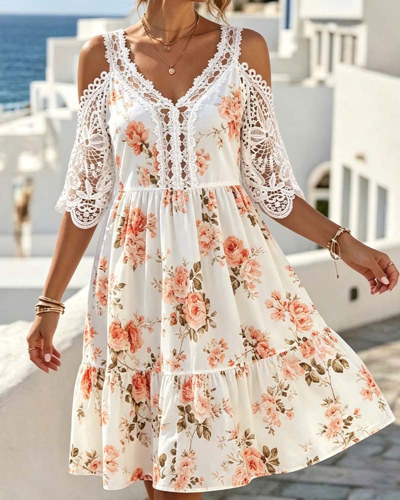 Kleid V-Ausschnitt Spitze Patchwork Blumig Kalte Schulter