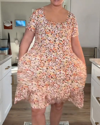 Kleid Eckiger Ausschnitt Geblümt Kurzarm A-Linie