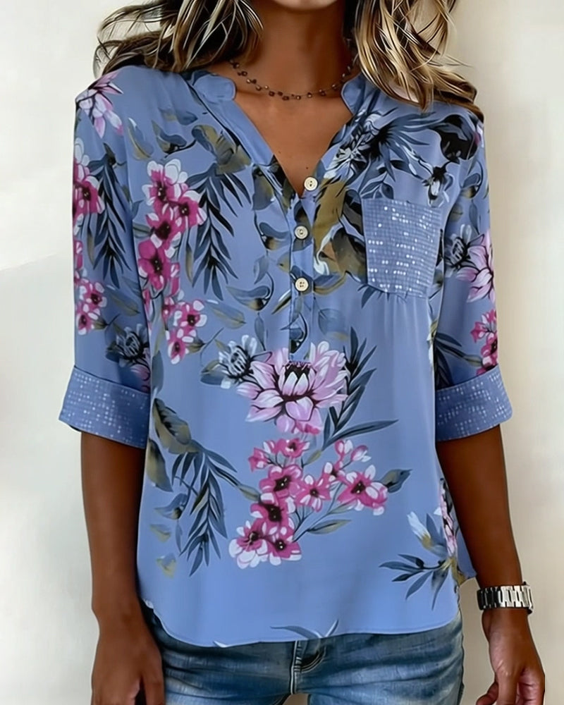 Bluse V-Ausschnitt Pailletten Floral