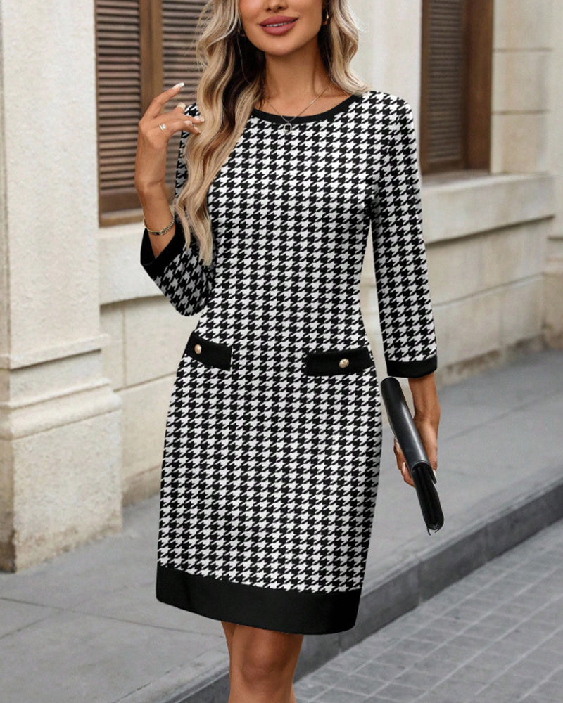 Kleid Damen Rundhals Hahnentritt Bodycon Midi