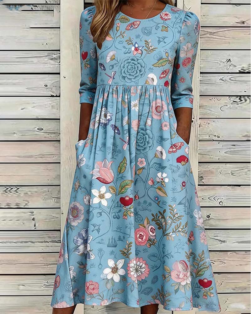 Kleid Rundhals Geknöpft Blumig A-Saum