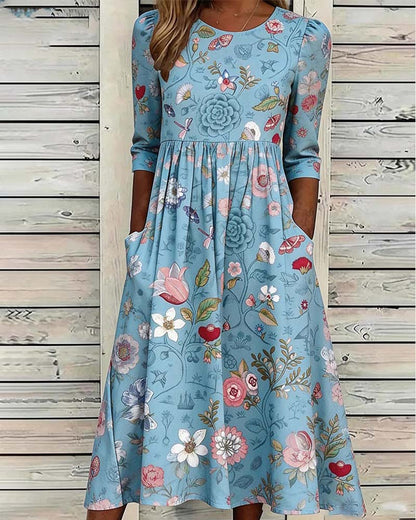 Kleid Rundhals Geknöpft Blumig A-Saum