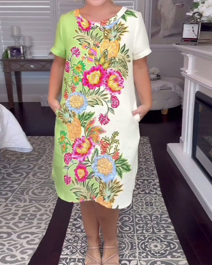 Kleid Runder Halsausschnitt Kurzarm Floral Shift