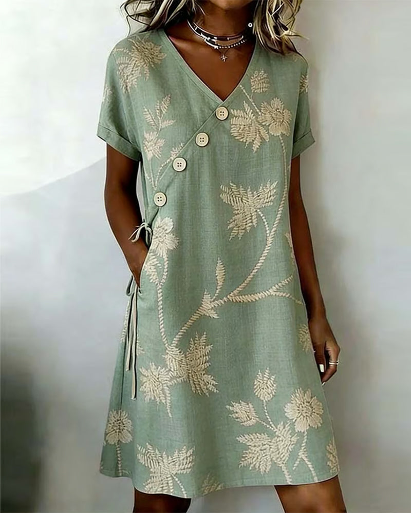 Kleid Diagonal Knopf Druck V-Ausschnitt Midi