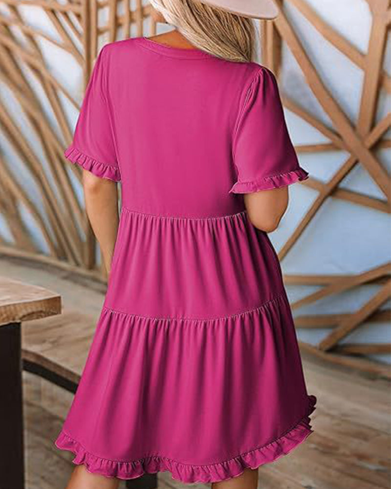 Kleid Rüschenbesatz V-Ausschnitt Stufensaum