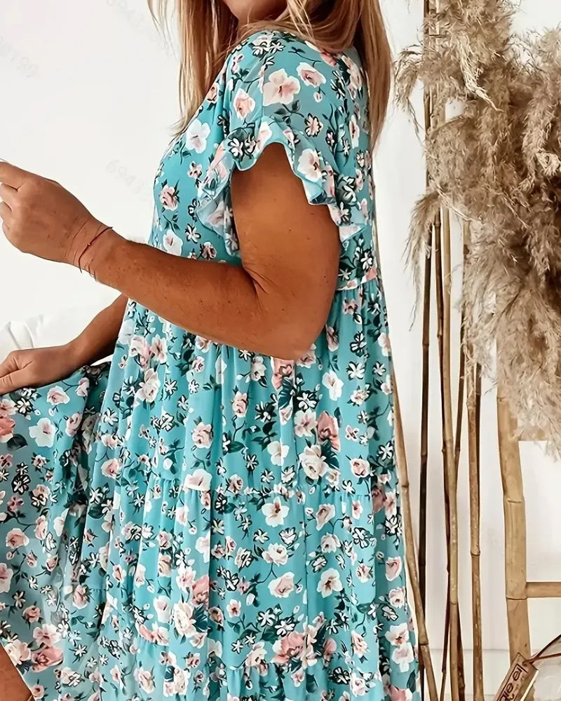 Kleid Geblümt Kurzarm Bedruckt