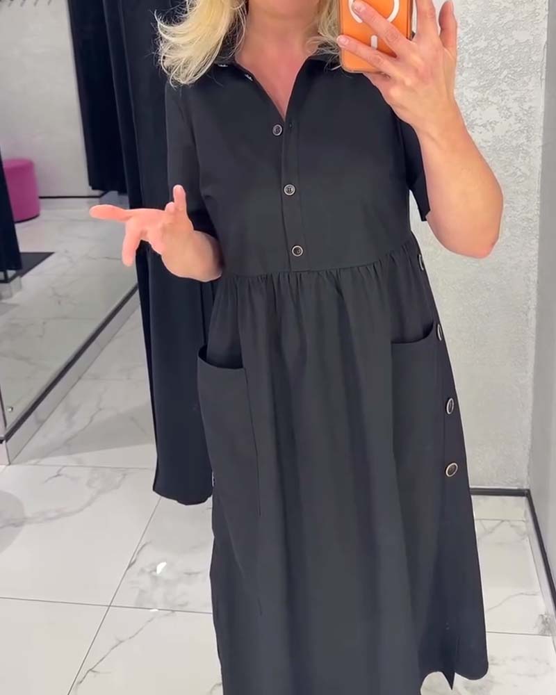 Kleid Schwarz Mit Kragen Geknöpft Taillenbetonend