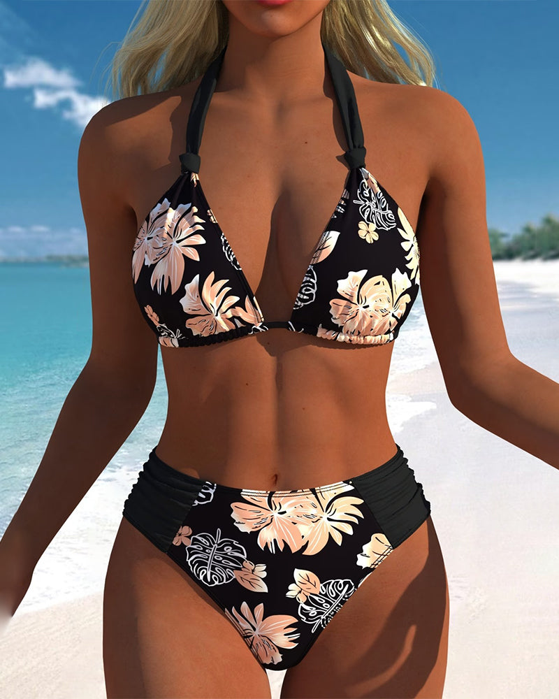 Bikini Tropisch Blumendruck Halsschlaufe Zweiteiler