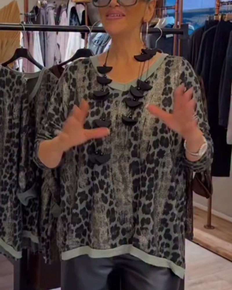 Top Leopardenprint V-Ausschnitt locker