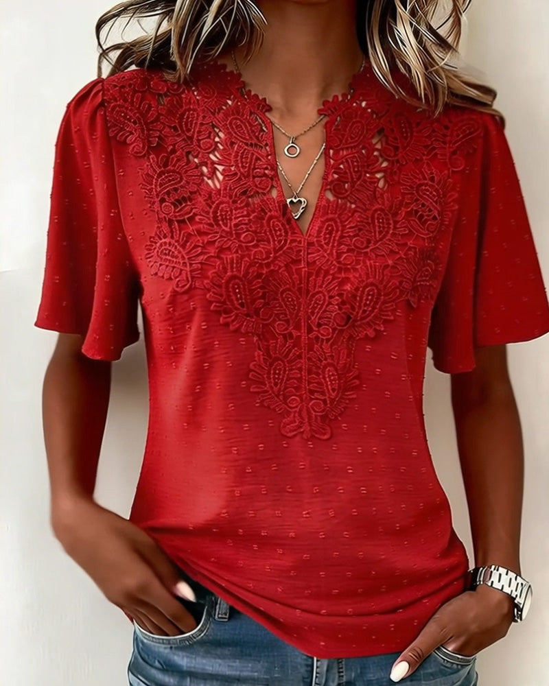 Bluse Spitze V-Ausschnitt Kurzarm