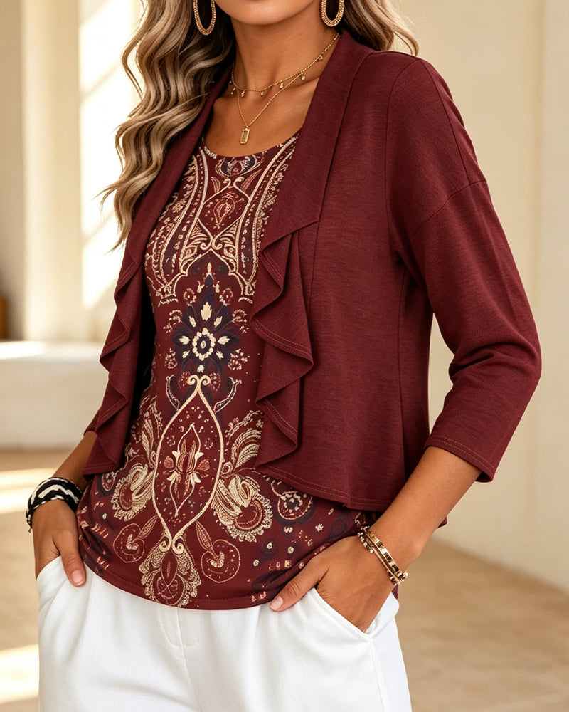 Bluse Imitation Zweiteilig Rüsche Print