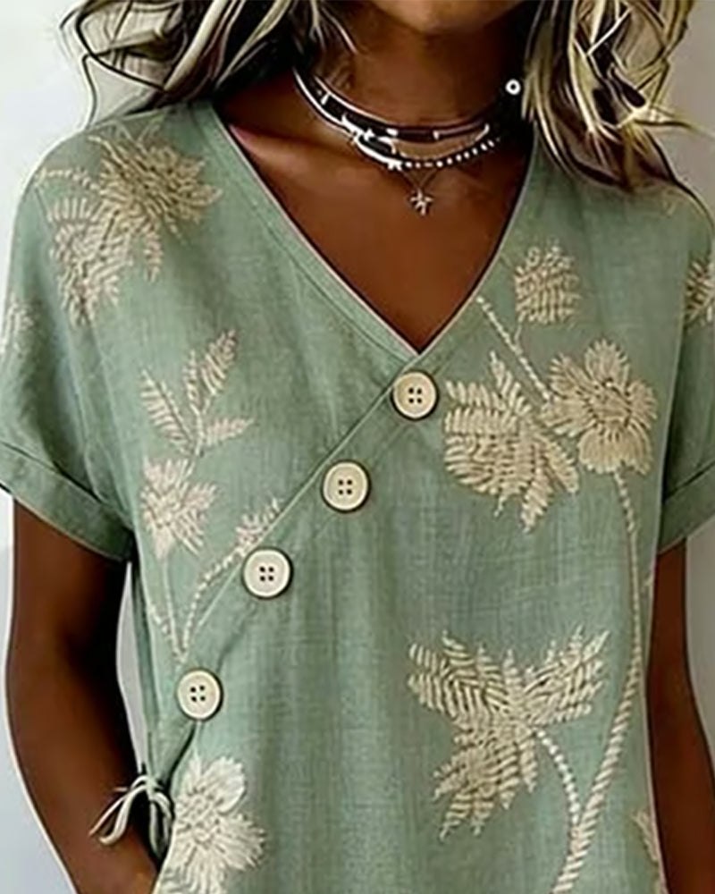 Kleid Diagonal Knopf Druck V-Ausschnitt Midi