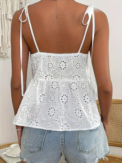 White Spaghetti Tank Top with Embroidery - Mia