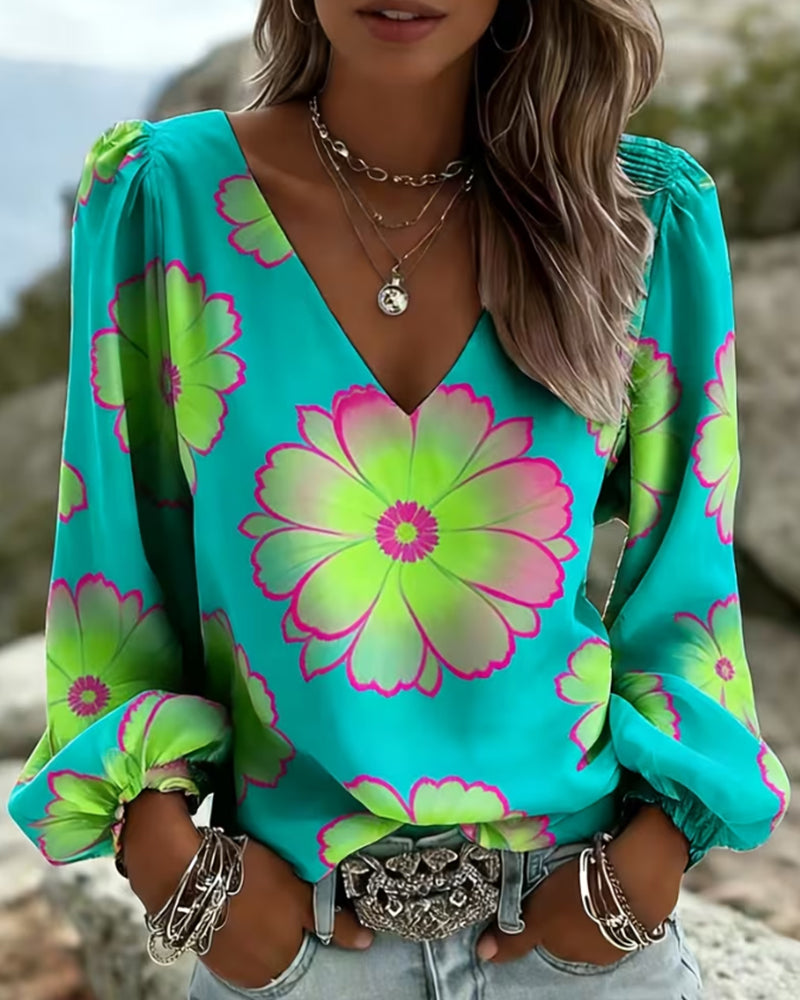 Bluse Farbblock Großer Blumenprint Laternenärmel