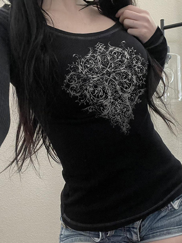 Schwarzes Vintage Print Langarmshirt