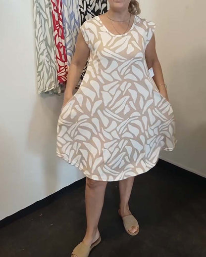 Kleid Kleine Flügelärmel Runder Hals Geometrischer Druck