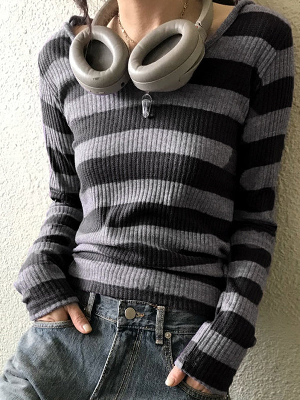 Schwarzes Vintage Slim Fit Vielseitiges V-Aussch Langarm Shirt