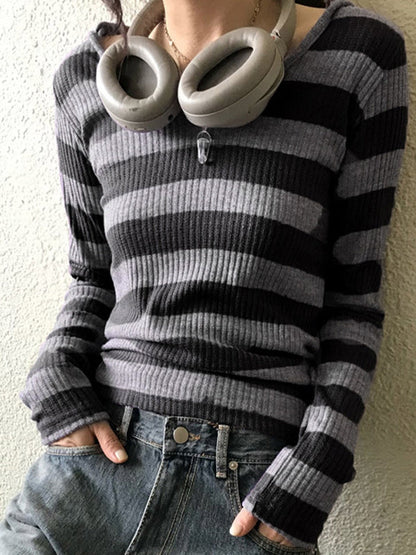 Schwarzes Vintage Slim Fit Vielseitiges V-Aussch Langarm Shirt