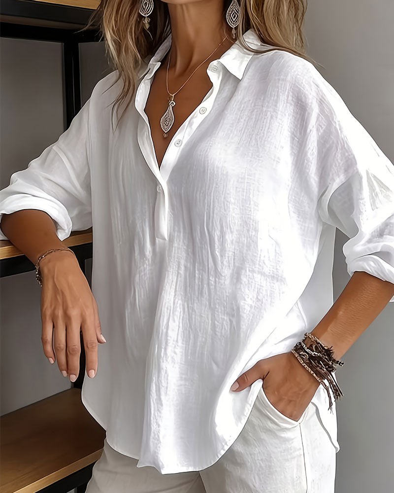 Bluse Einfarbig Revers Halbe Knopfleiste Langarm