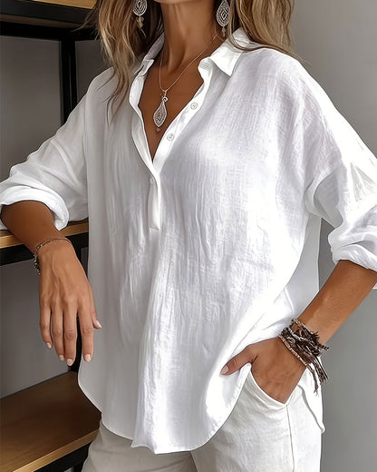 Bluse Einfarbig Revers Halbe Knopfleiste Langarm