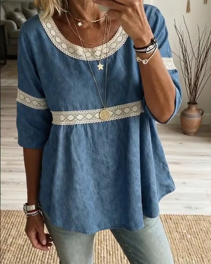 Bluse Spitze Patchwork Halbarm
