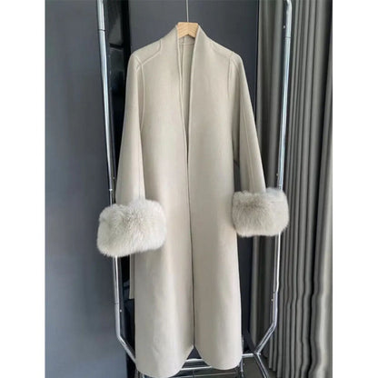 Long Overcoat with Faux Fur Cuffs for Women - Fortunata