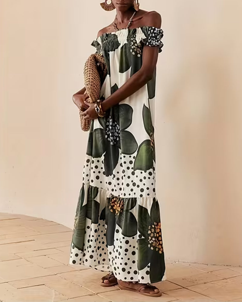 Kleid Ein Schulter Tupfen Blumen Maxi