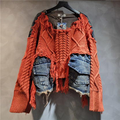 Distressed Knit Sweater with Denim Patchwork for Women - Piera