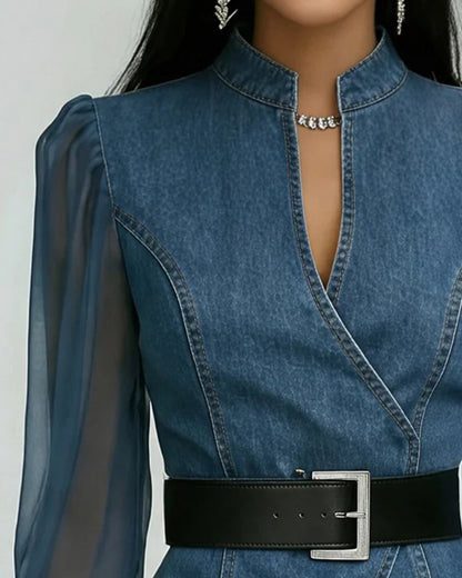 Bluse aus elegantem Mesh und Denim