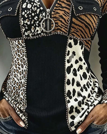 Oberteil Leopard Patchwork Halber Reißverschluss Mit Kapuze