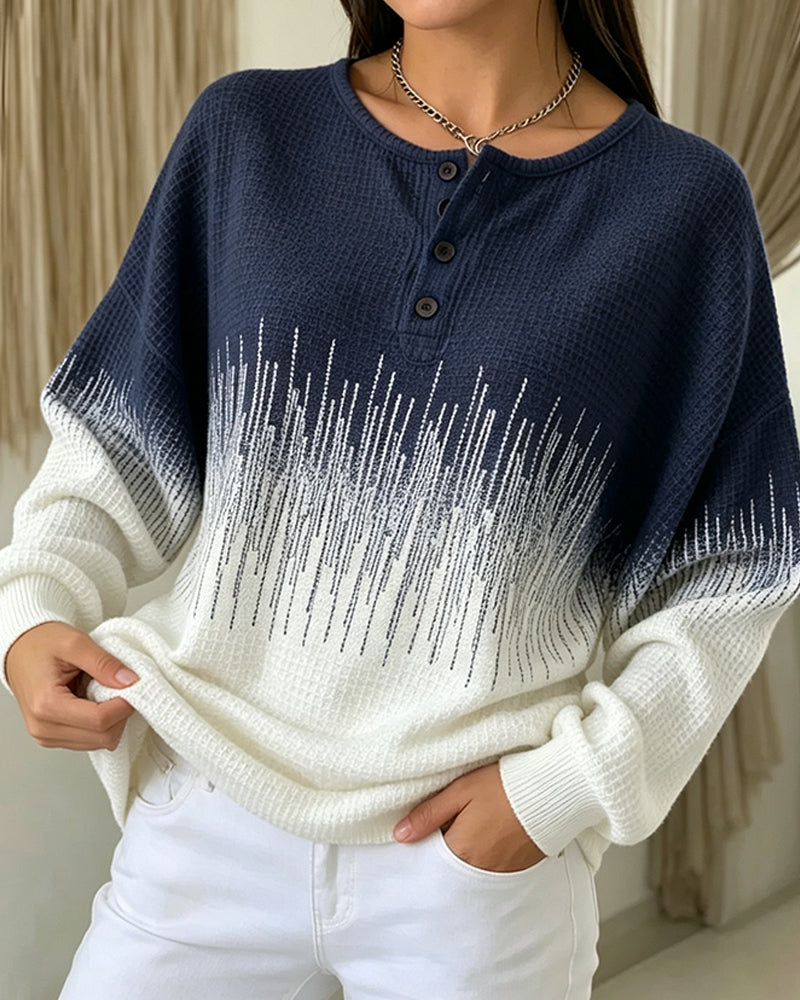 Sweatshirt Rundhalsausschnitt Knopf Waffelstrick Farbblock