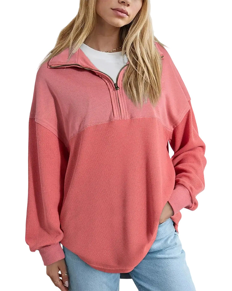 Sweatshirt Halber Reißverschluss Waffel Patchwork