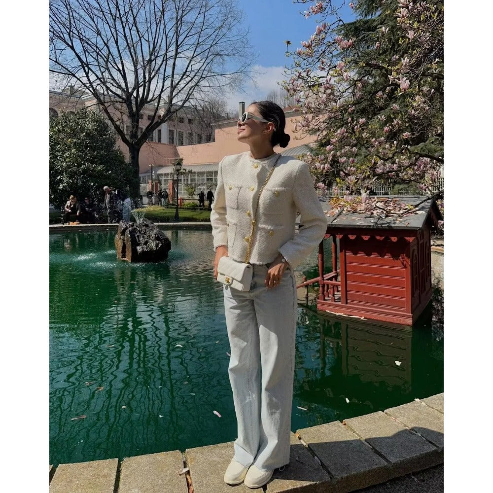 Tweed Button Up Long Sleeve Jacket for Women - Gianna