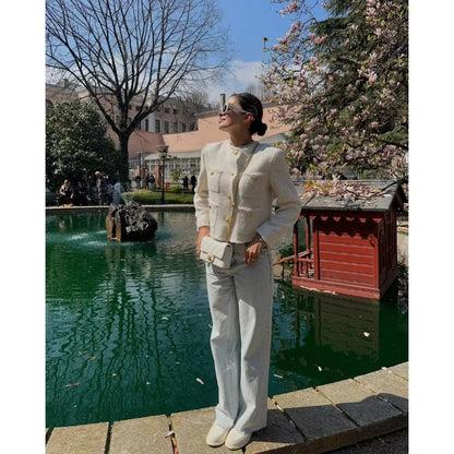 Tweed Button Up Long Sleeve Jacket for Women - Gianna