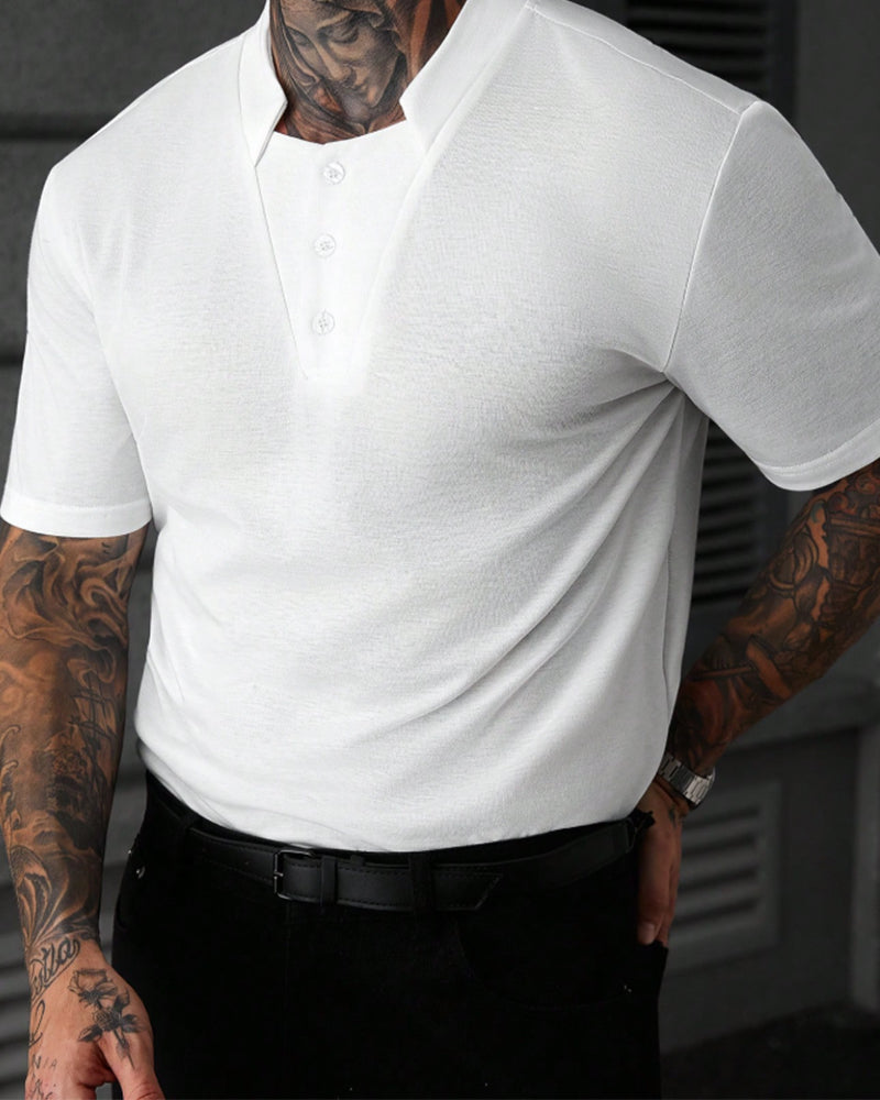 Herren T-Shirt Mandarin-Kragen Knopf Mode