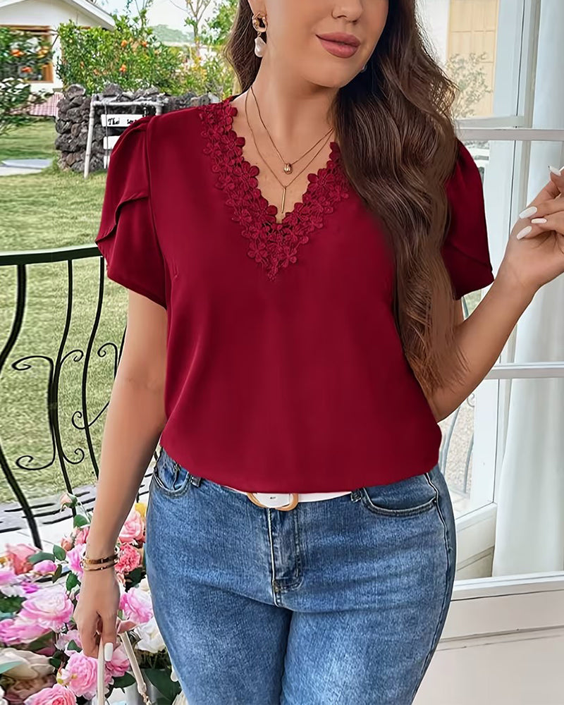 Bluse V-Ausschnitt Unifarben Puffärmel