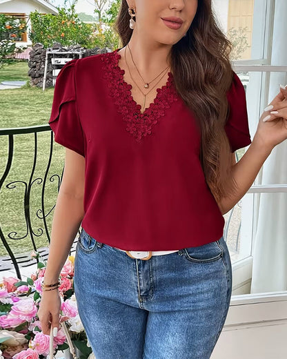 Bluse V-Ausschnitt Unifarben Puffärmel