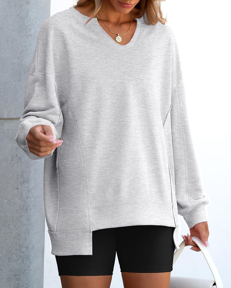 Kleiner V-Ausschnitt, Lässig Weites Langarm Sweatshirt