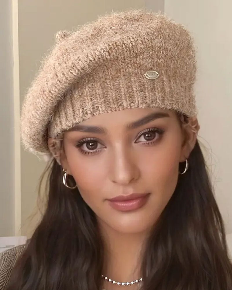 Damen Einfarbig Gestrickte Baskenmütze Beanie