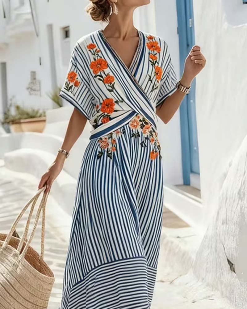 Kleid Gestreift V-Ausschnitt Wickel Maxi