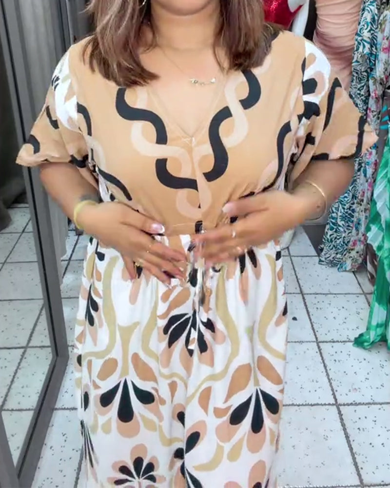 Kleid Farbblock Blumig Kurzarm Maxi