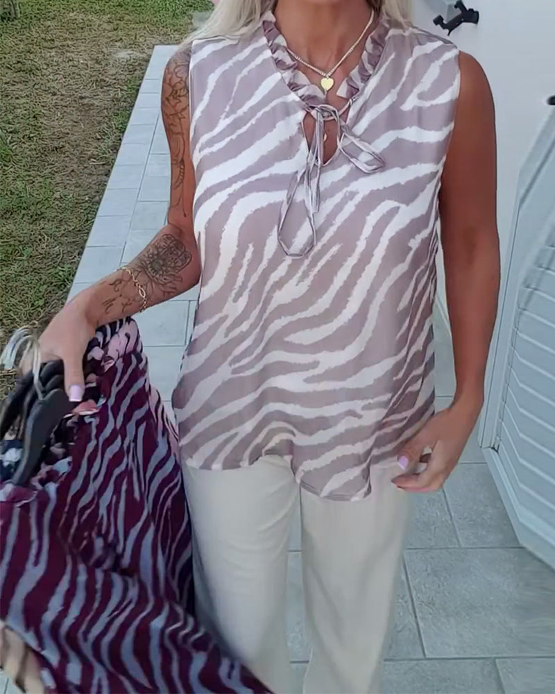 Blouse Imprimé Zébré Sans Manches Col Ruban