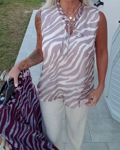 Blouse Imprimé Zébré Sans Manches Col Ruban