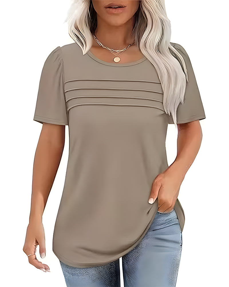 T-Shirt Plissiert Locker Rundhalsausschnitt Kurzarm