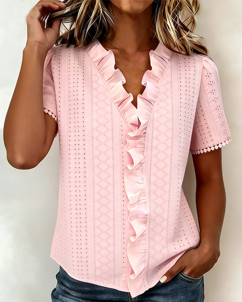 Bluse Rüsche V-Ausschnitt Kurzarm Cut-Out